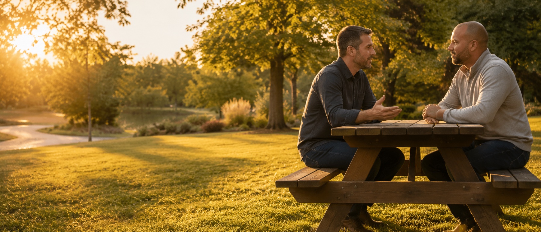 Two men in conversation across a picnic table in a park at golden hour