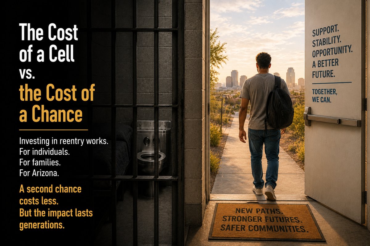 A split scene of a dark prison cell beside a man with a backpack walking out an open door toward the Phoenix skyline, with the post title The Cost of a Cell vs. the Cost of a Chance overlaid