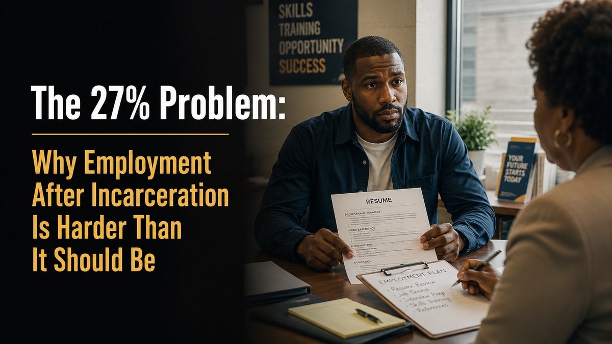 A job seeker presenting his resume to an employment counselor across a desk, with the post title The 27% Problem overlaid