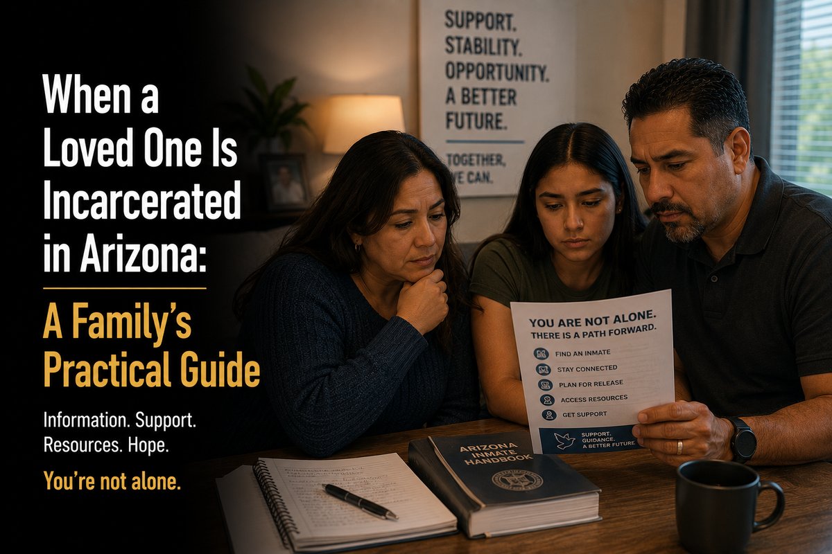 A mother, daughter and father reading a You Are Not Alone resource guide together at their kitchen table, with the post title When a Loved One Is Incarcerated in Arizona overlaid