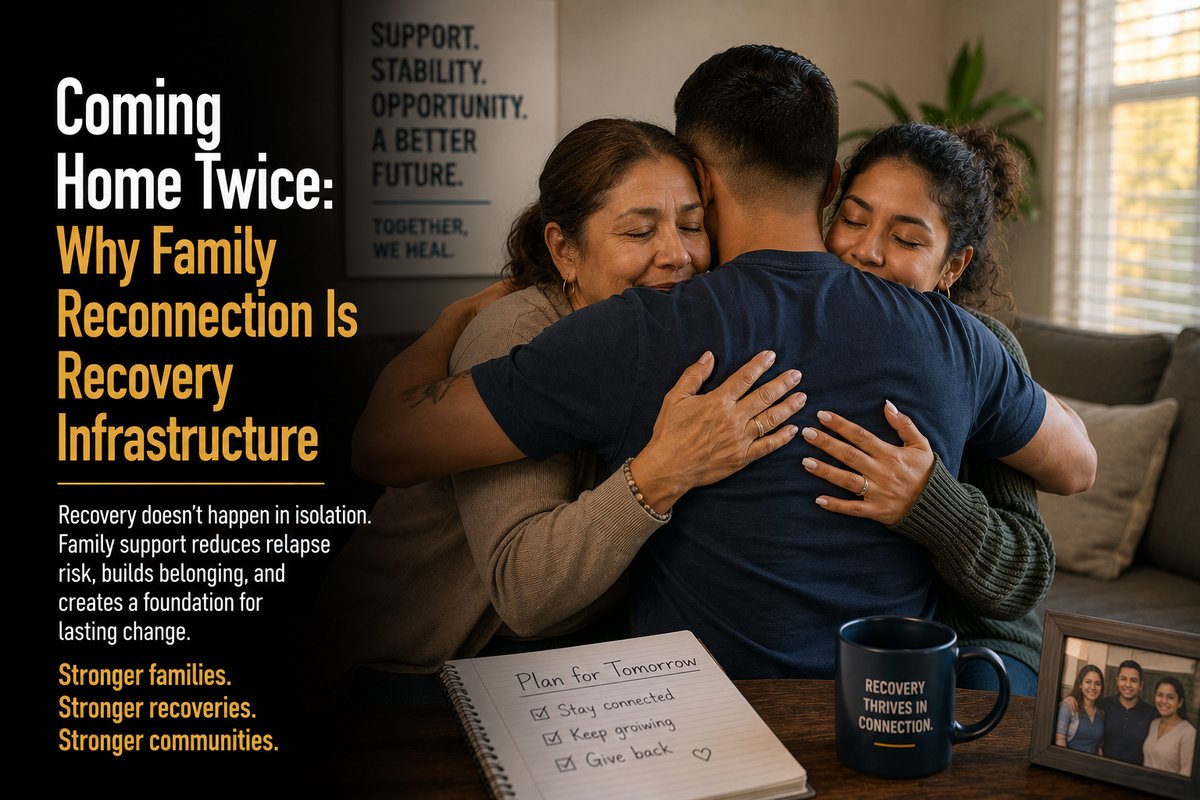 A man embraced by his mother and sister in a warm living room beside a Plan for Tomorrow notebook, with the post title Coming Home Twice overlaid