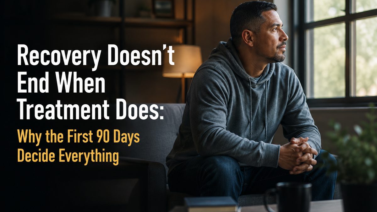 A man sitting by a window in quiet reflection, with the post title Recovery Doesn't End When Treatment Does overlaid
