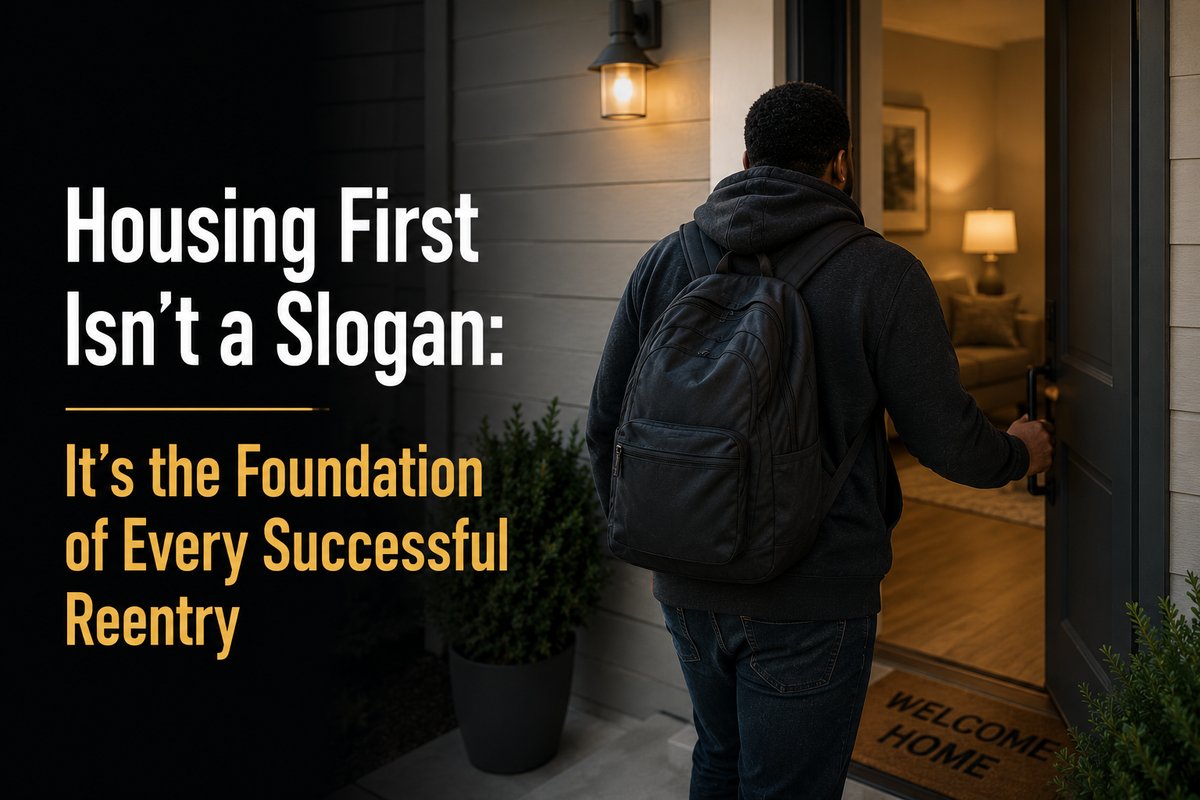 A man with a backpack opening the front door of a warmly lit home with a welcome mat, with the post title Housing First Isn't a Slogan overlaid