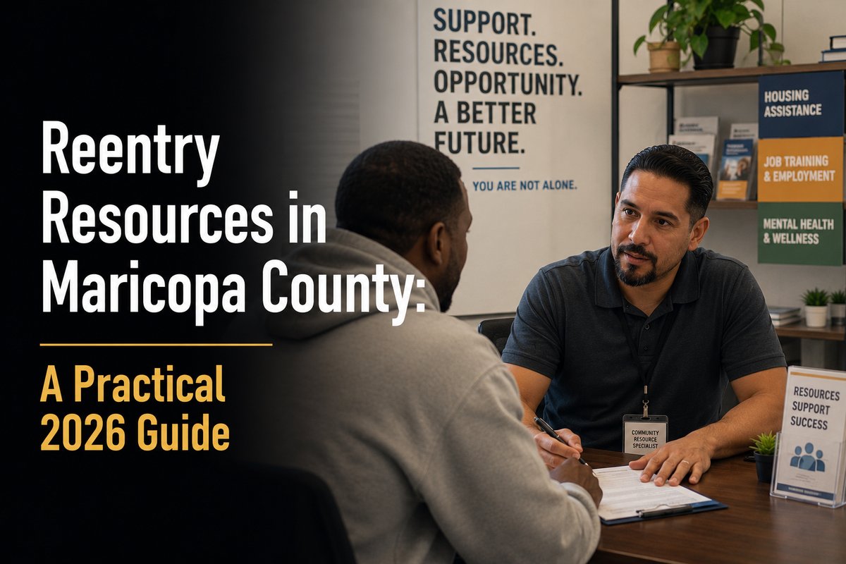 A resource specialist helping a client with paperwork beside shelves of housing and employment brochures, with the post title Reentry Resources in Maricopa County overlaid