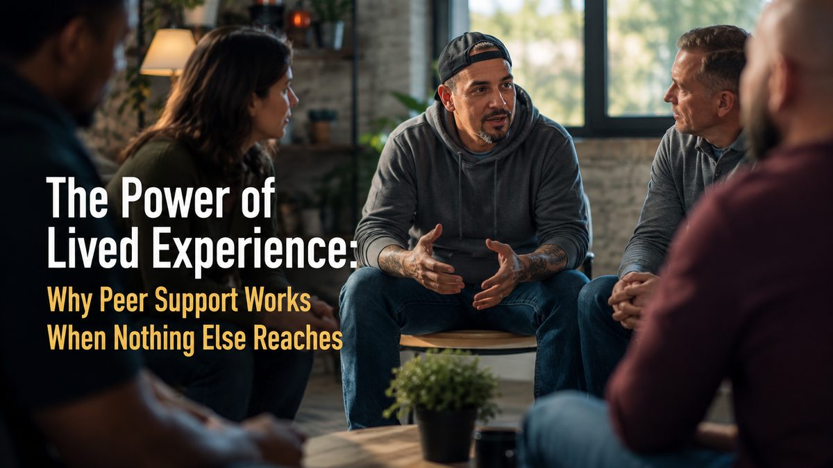 A peer support circle in close conversation, with the post title The Power of Lived Experience overlaid