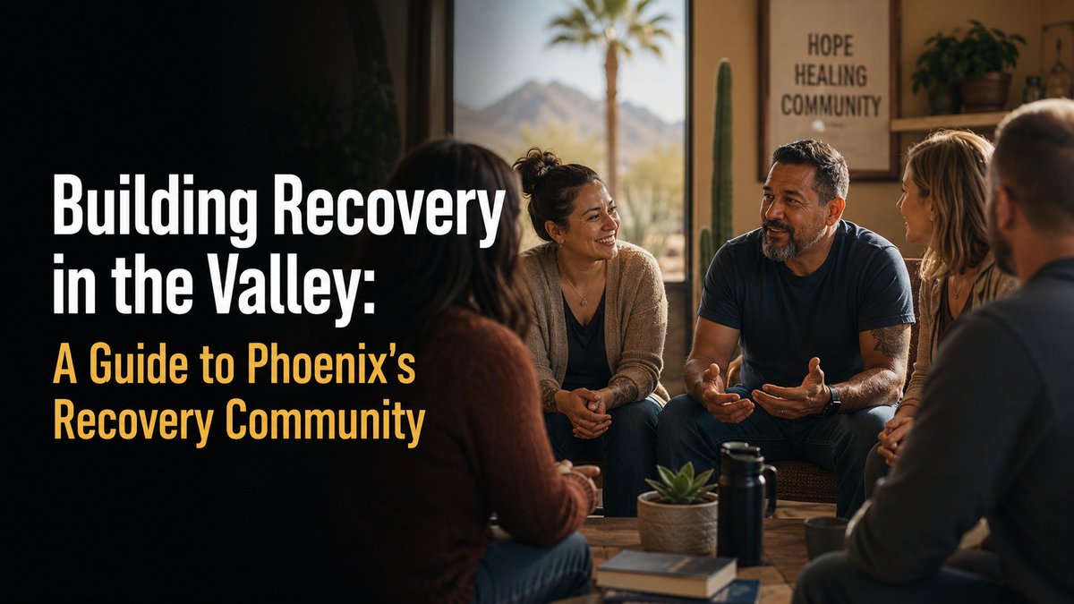 A recovery group in warm conversation with desert mountains through the window, with the post title Building Recovery in the Valley overlaid