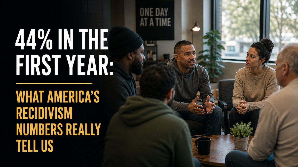 A peer support group in close conversation at a community center, with the post title 44% in the First Year overlaid