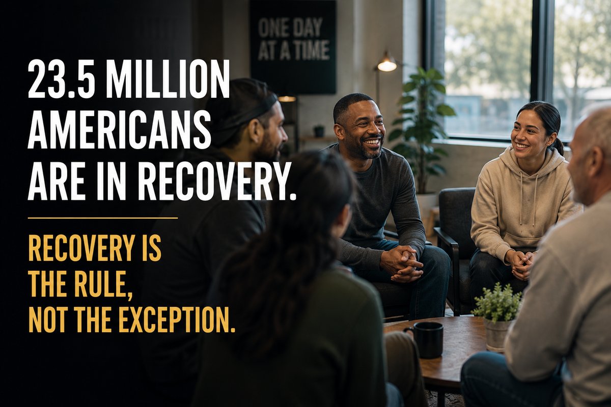 A smiling recovery group gathered in a sunlit community room, with the post title 23.5 Million Americans Are in Recovery overlaid