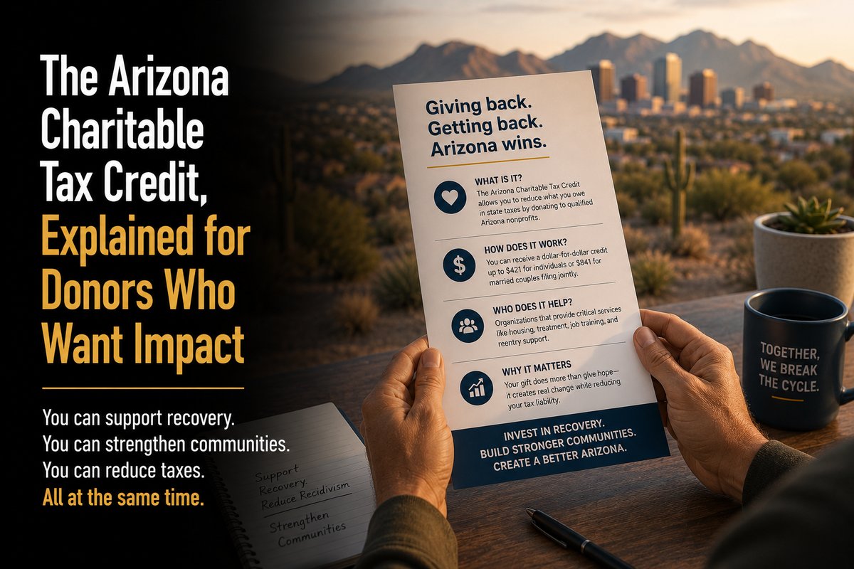 Hands holding a Giving Back Getting Back Arizona Wins tax-credit flyer against a desert-city backdrop, with the post title The Arizona Charitable Tax Credit overlaid