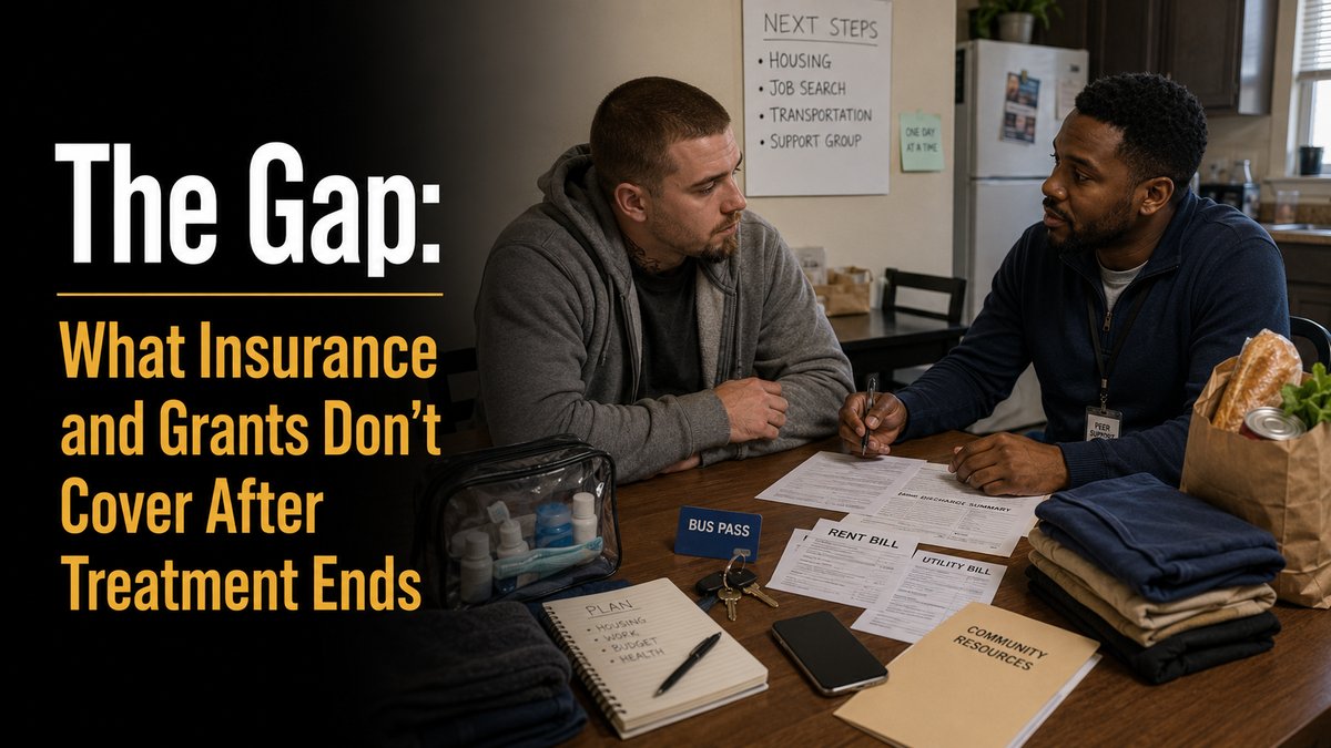 A peer support specialist walking a man through bills, a bus pass, and a discharge plan at a kitchen table, with the post title The Gap overlaid