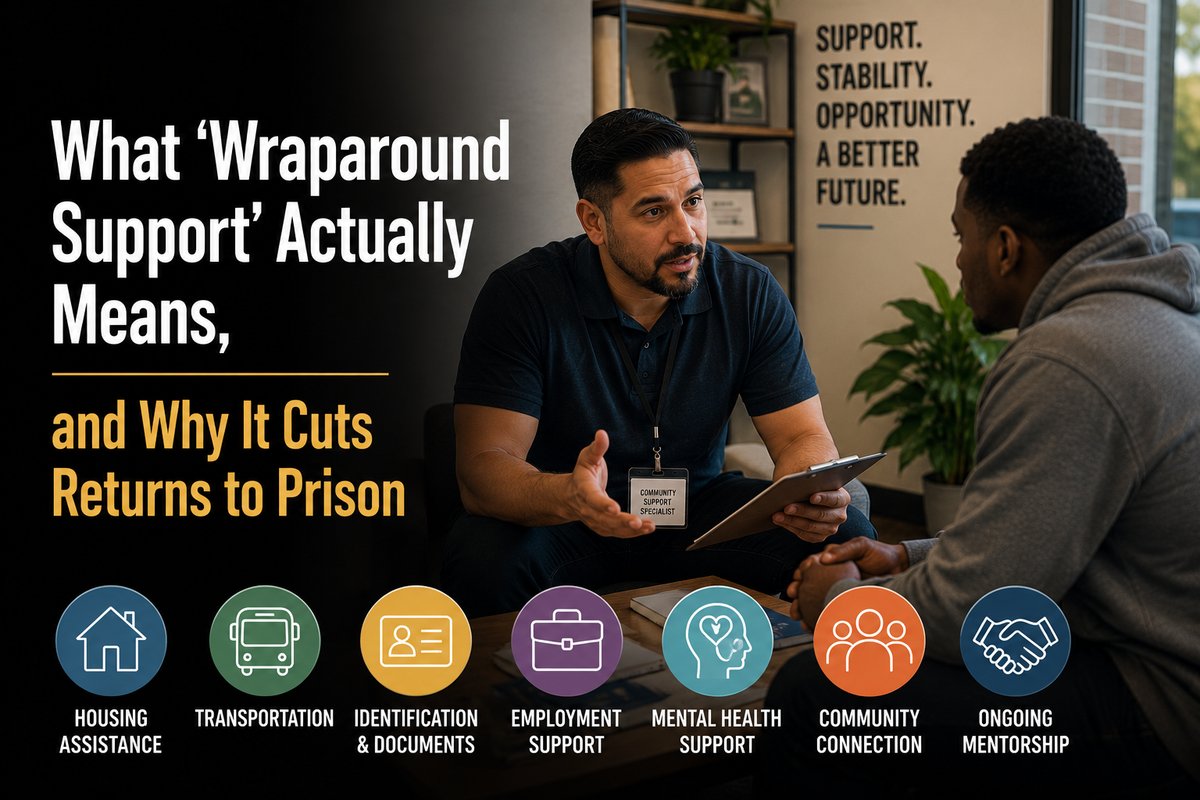 A community support specialist meeting one-on-one with a client, above icons for housing, transportation, employment, mental health and mentorship, with the post title What 'Wraparound Support' Actually Means overlaid