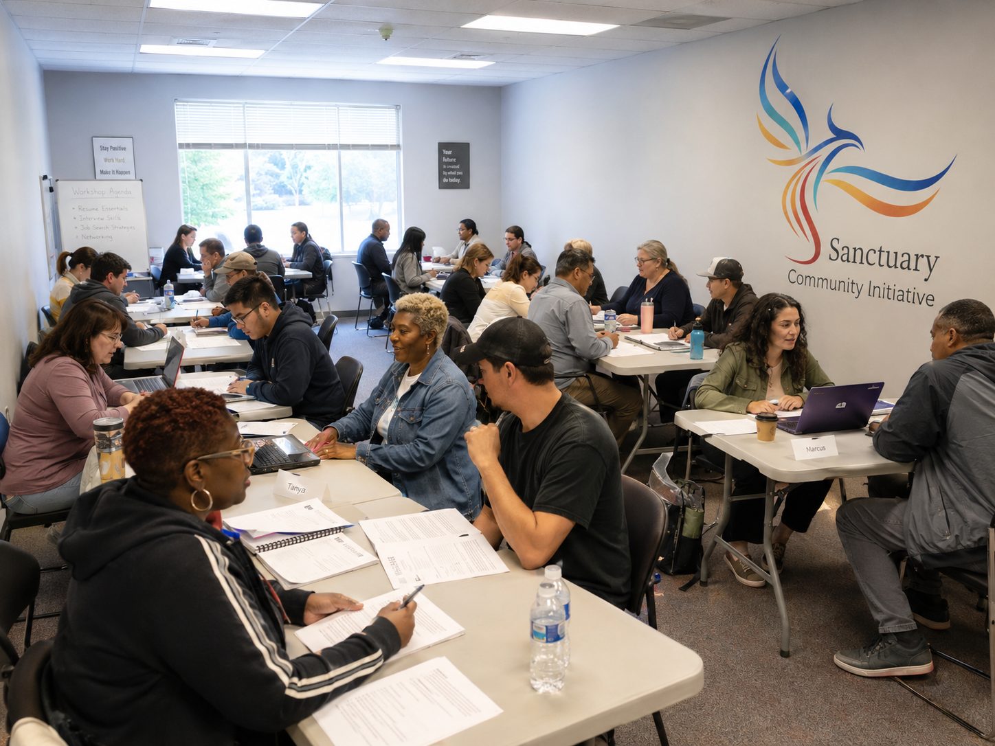 A full classroom of participants working on paperwork with mentors at a Sanctuary job-readiness workshop