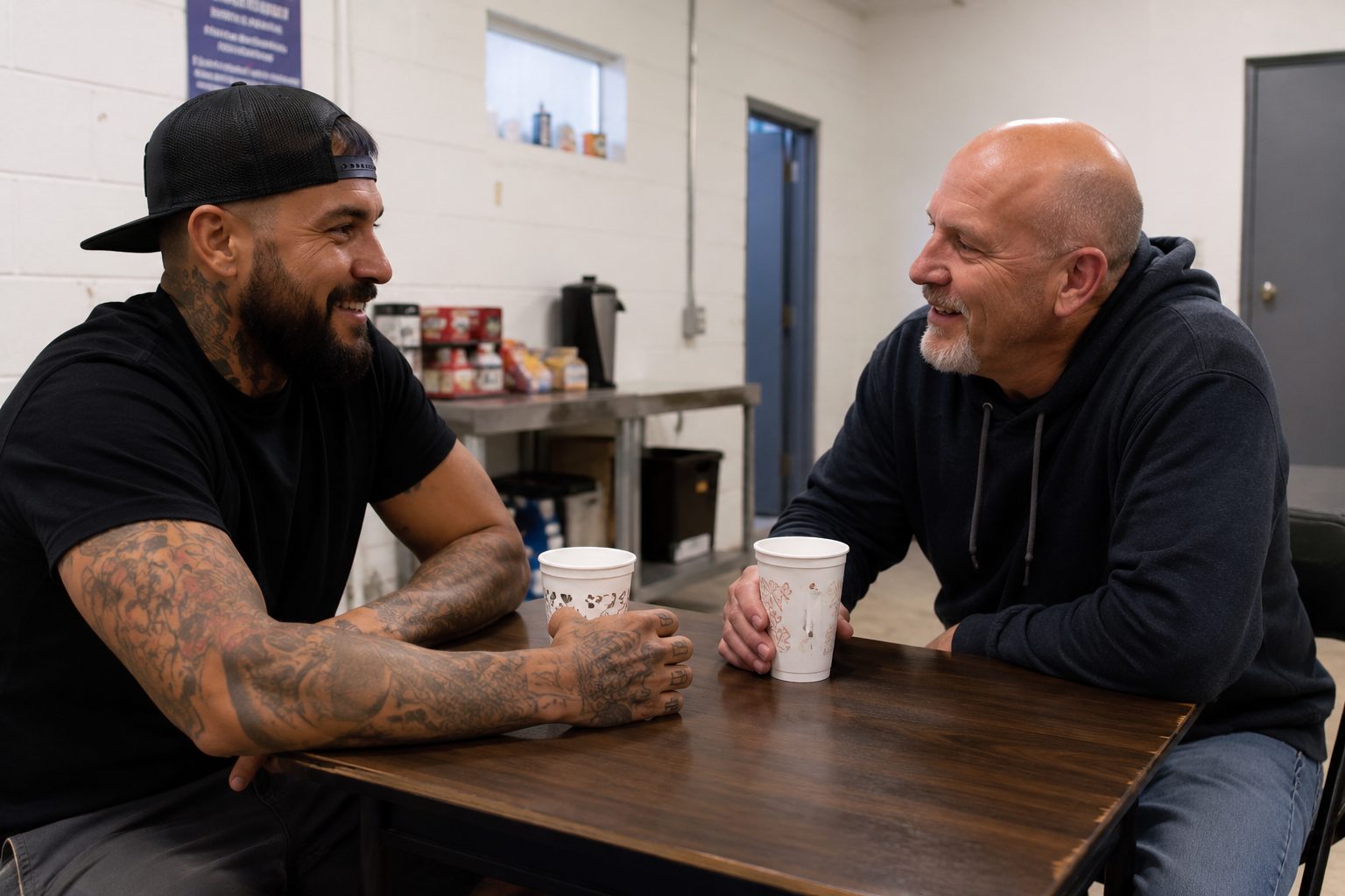 A mentor and program member talking over coffee cups at a table