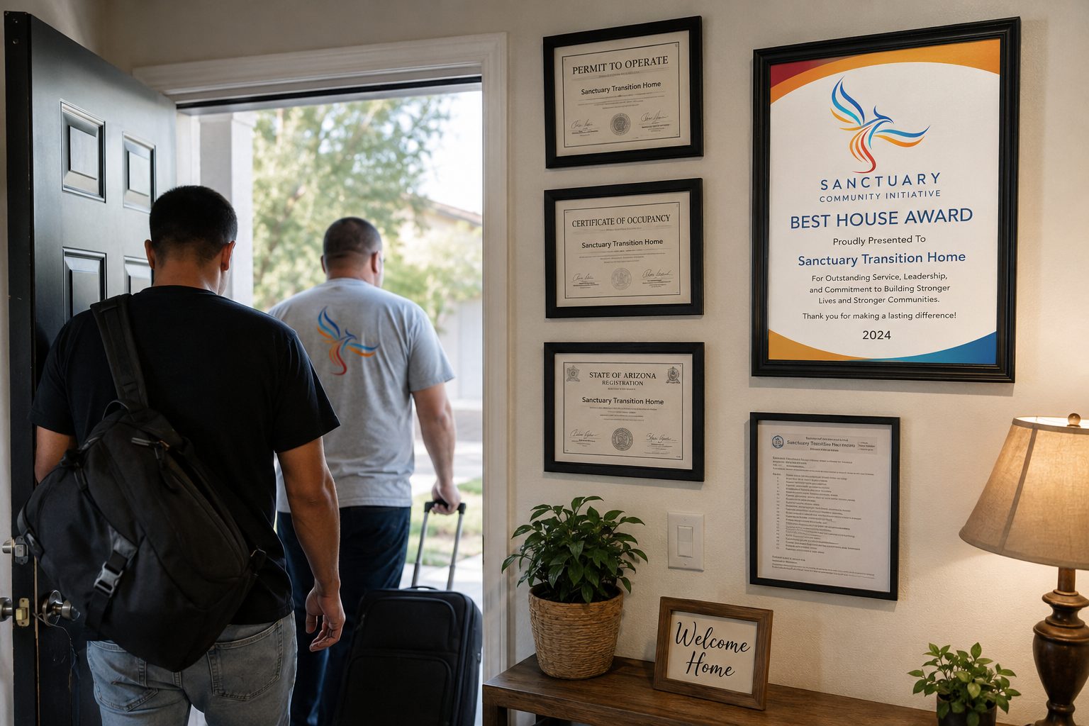 A new resident wheeling a suitcase through the front door of a Sanctuary transition home, past a Welcome Home sign