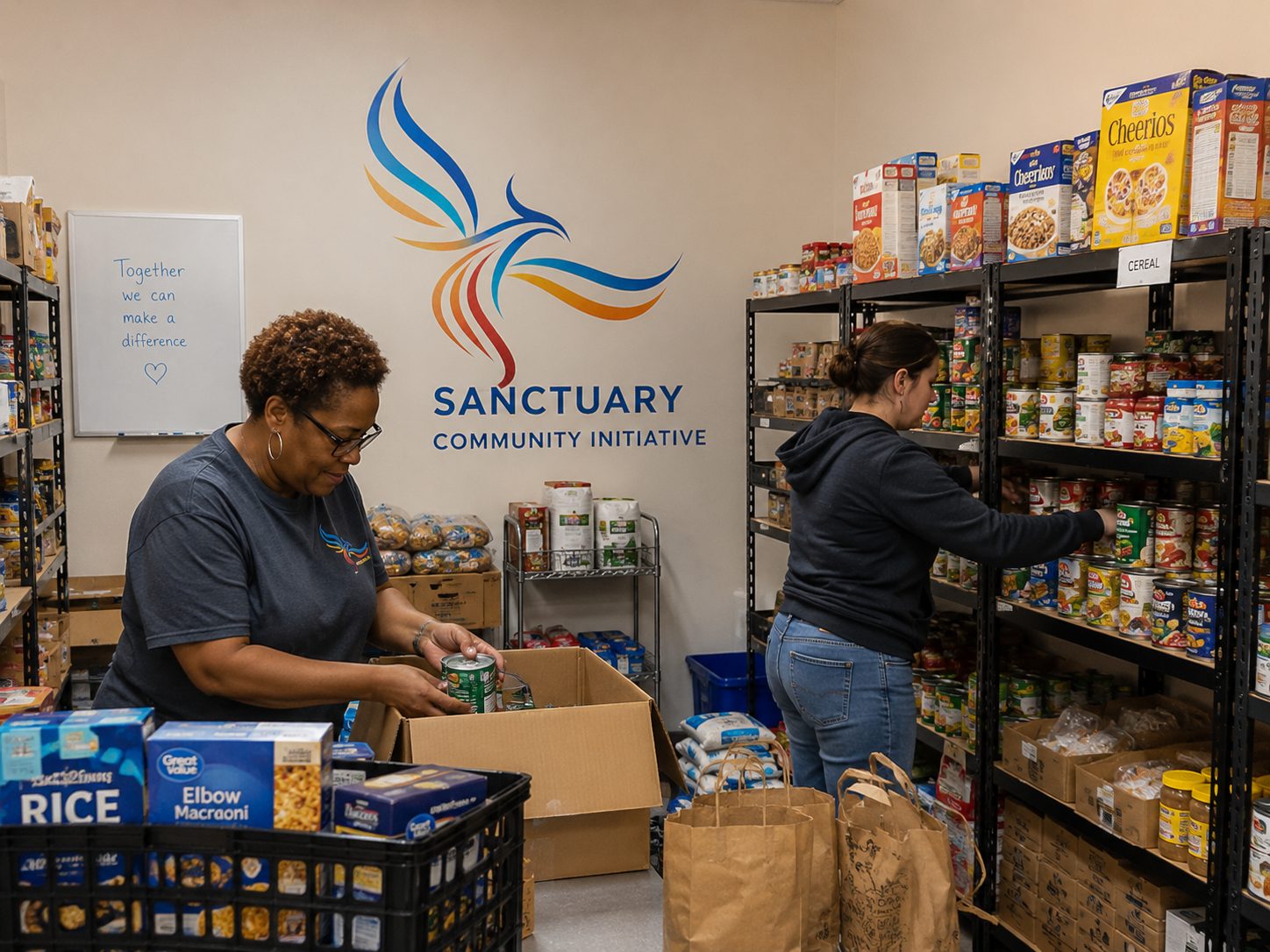 Two volunteers sorting canned goods and boxed food on the shelves of the Sanctuary community pantry