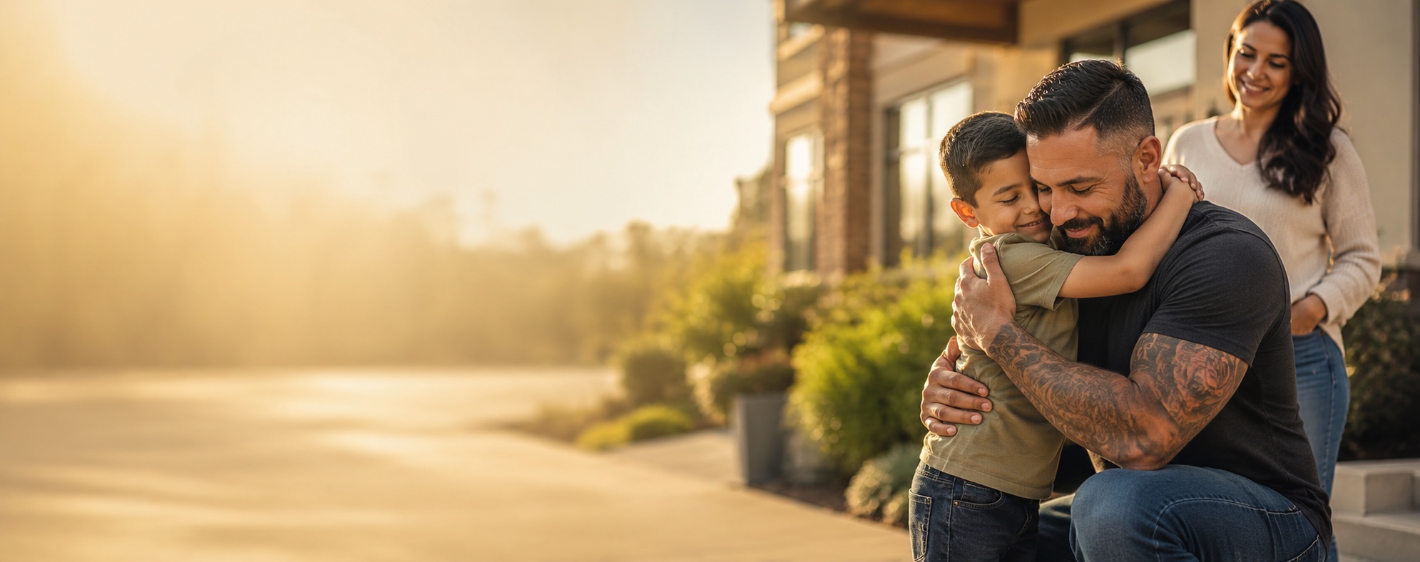 A father kneels to embrace his young son outside their home at golden hour while the boy's mother looks on