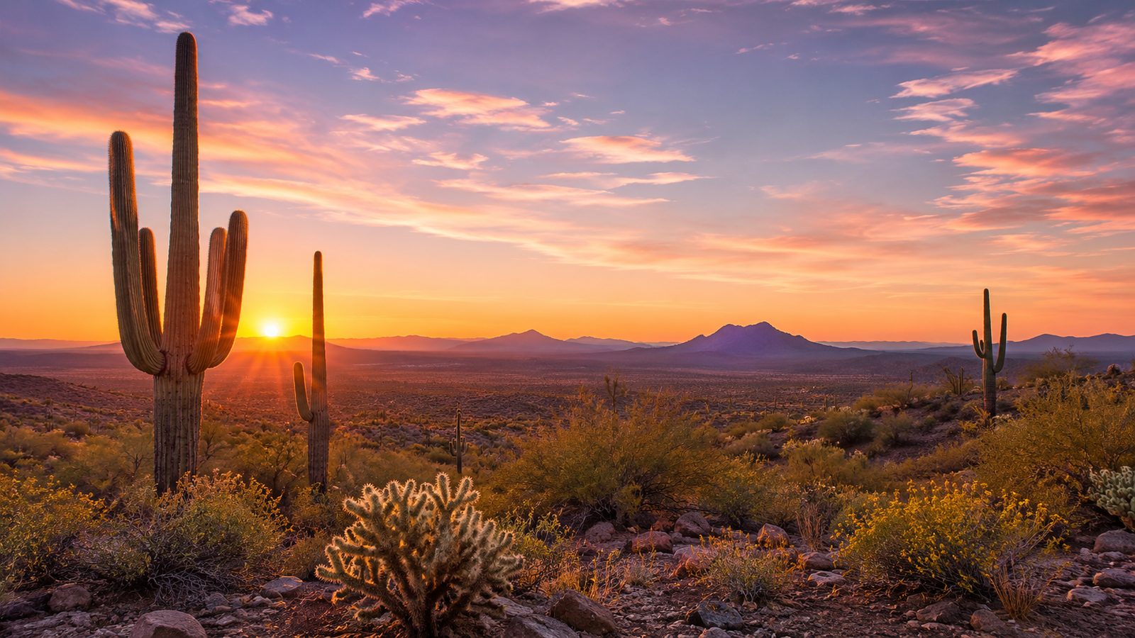A Sonoran desert sunrise over saguaro cactus and open sky